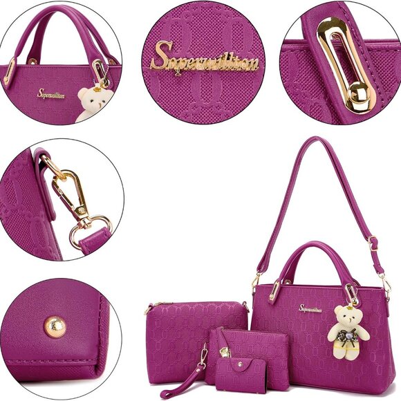 Adorable 4-Piece Handbag Set with Bear Doll - Stylish Shoulder & Crossbody Bags - Picture 3 of 6